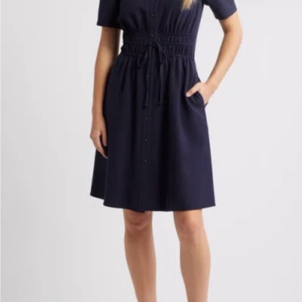 Eliza J Navy Midi Dress with Button Detail
